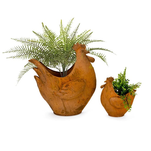 [18977] Chicken Planter Rust S/2