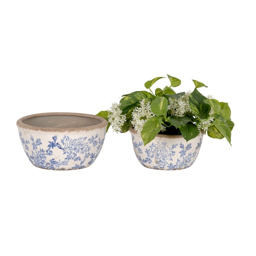 [27009] Pot Blue Flower Shallow S/2