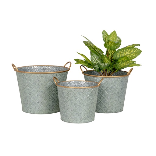 [27337] Pot Zinc Ornament Grn Lg S/3 -
