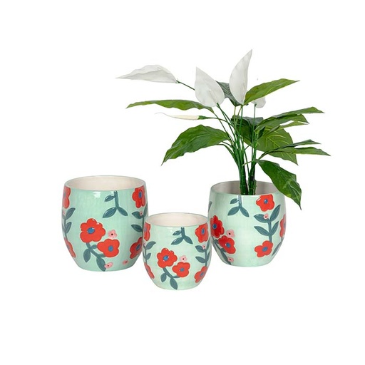[27481] Green Red Pot S/3 Ceramic-